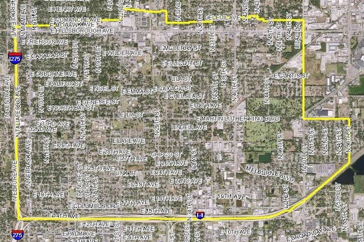 The boundaries of East Tampa extending east of Interstate 275 and north of Interstate 4 in the City of Tampa.