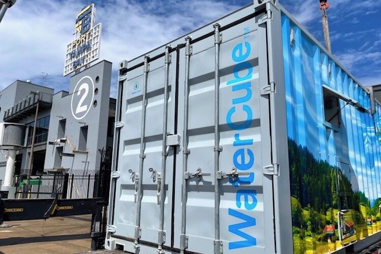 Approximately the size of a shipping container, WaterCube TM is portable and can provide up to 10 million gallons of water daily without access to any water supply.