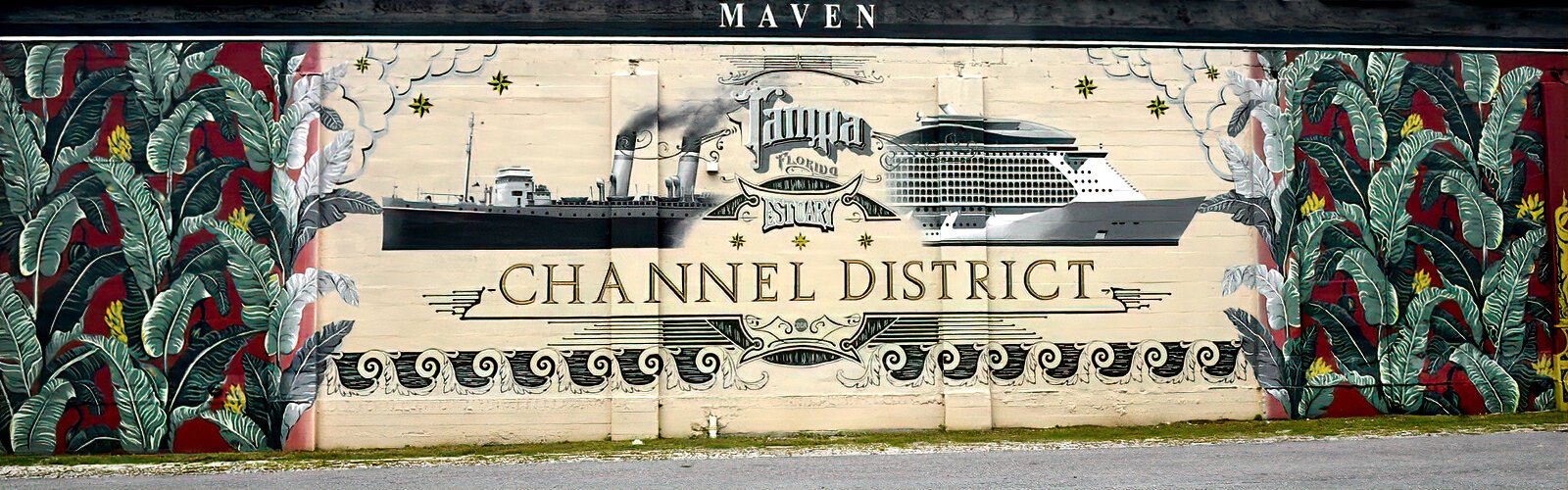 A beautifully detailed mural depicting Tampa’s past and present maritime history adorns one side of Maven Designs building in the Channel District.