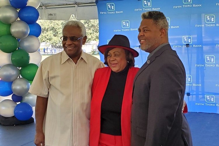 Ernest Coney, Sr., who advocated for Tampa's Central City YMCA; Chloe Coney, Founder of the CDC of Tampa; and Ernest Coney, Jr., President and CEO of the CDC, celebrating Fifth Third Bank's $20M investment in East Tampa.