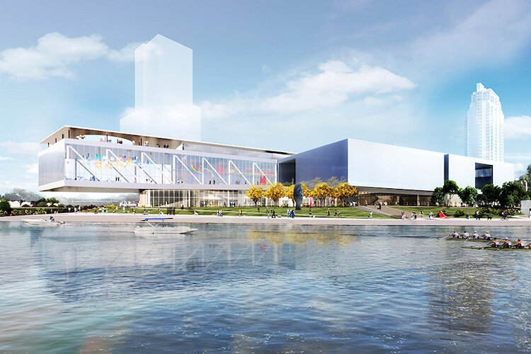 The planned expansion of the Tampa Museum of Art includes a section extending out over the riverfront.