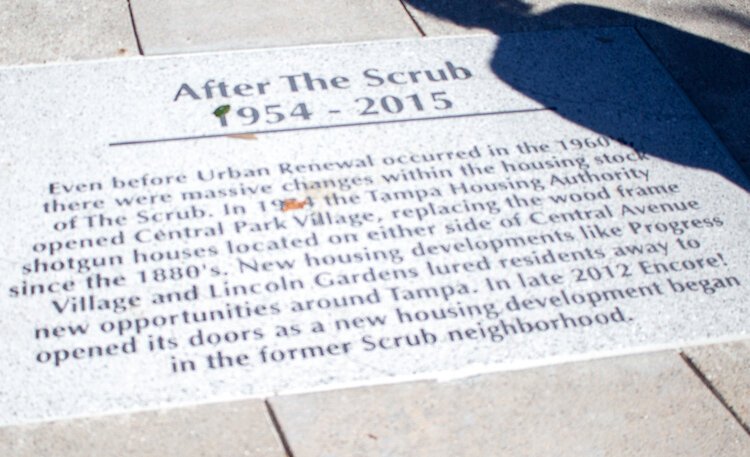Timeline Pavers narrate past to present, detailing  factors like Urban Renewal that assisted in the destruction of the Central Avenue Business district and gentrification of a historically African American neighborhood. 