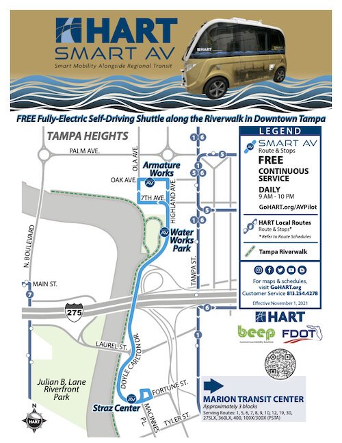 Map showing route of new HART smart car service in downtown Tampa.