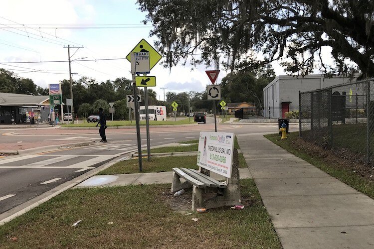 Curb cuts near HART bus stops offer access for wheelchair users, but without shelters that keep bus riders safe from the rain or sun, Fran Tate says public transit amenities remain inadequate.