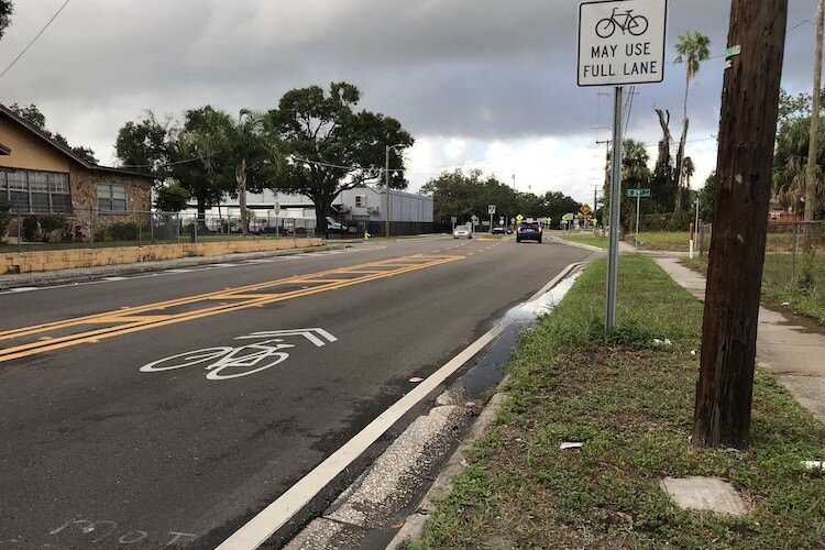 Shared lane markings, a.k.a. "sharrows," like the one painted here on 34th St. in Jackson Heights, are a strategy to help motorists and bicyclists safely share the roadway.