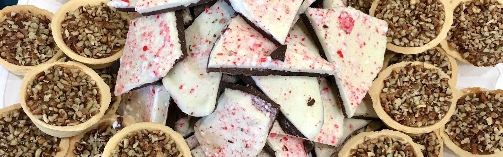 Peppermint bark and pecan tarts.