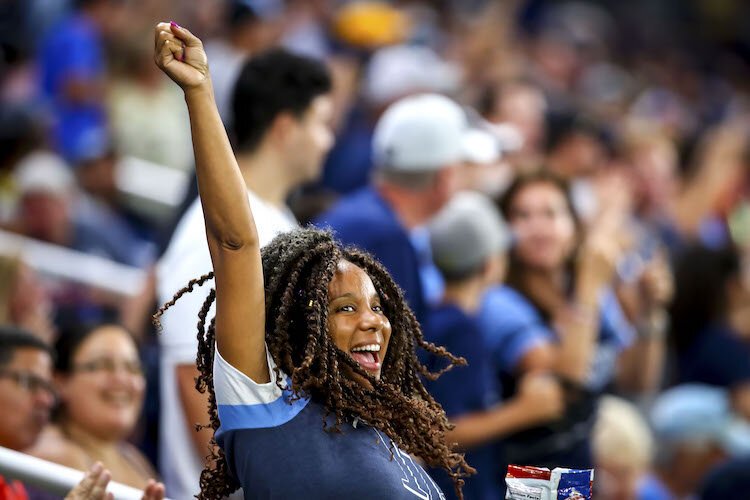 This fan cheers on the Rays against the Red Sox in the American League Division Series in the 2021 MLB Playoffs.