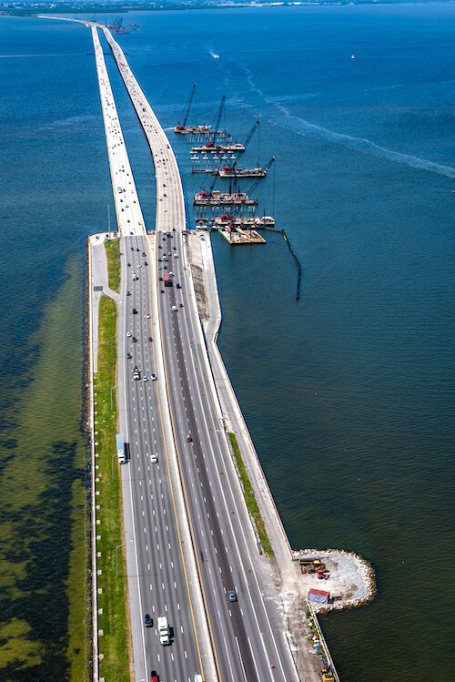 An overhead view on construction on Howard Frankland as of October 2021.