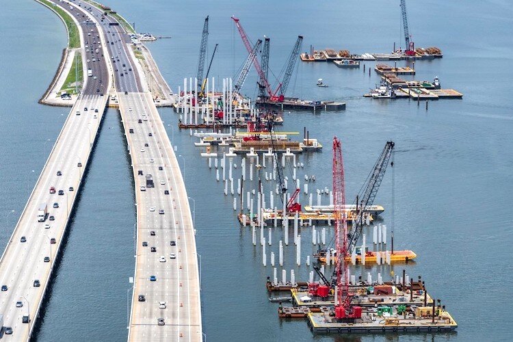 Airplane passengers and commuters taking all three bridges across Tampa Bay can see the cranes lined up along the Howard Frankland Bridge as construction continues.