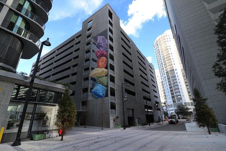 This mural on the East Cumberland Parking garage at Water Street  Tampa is part of the public art that connects the development to the city
