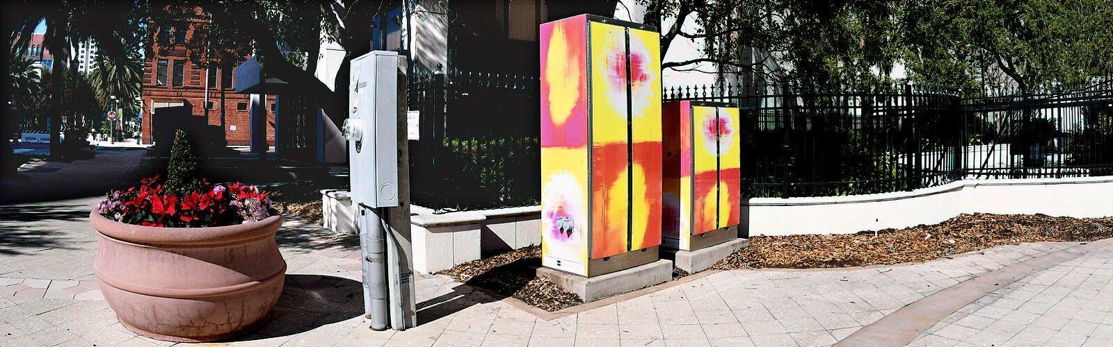 “Bright Squares” by Tampa artist Tim Boatright brings flashes of colors to a plain signal box that is vinyl-wrapped with the artist’s digitized artwork, part of the “Thinking Outside the Box” program of the Clearwater Arts Alliance.