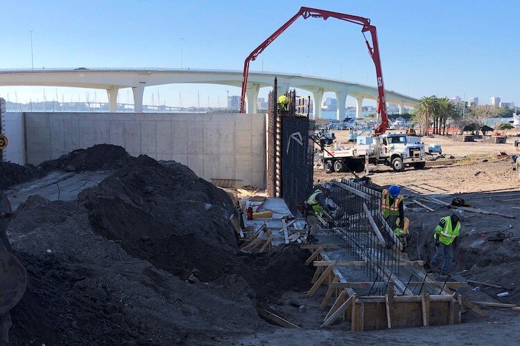 Construction crews have started building the gateway plaza as part of the Imagine Clearwater redevelopment of waterfront Coachman Park.