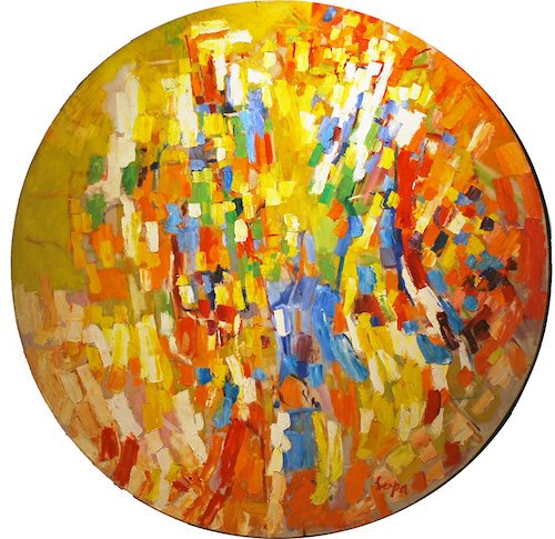 Allen Leepa, Tondo, 1960, acrylic on unprimed canvas, 59 ¼ in. diameter, Leepa-Rattner Museum of Art, on loan from the St. Petersburg College Foundation, 1997.2.1.69.