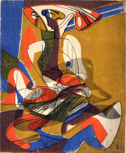 Stanley William Hayter, Maternity, 1940, 3-Silkscreen colors in tempera overprinted with engraving and soft-ground etching plate, on loan from the Tyrus Clutter Collection.