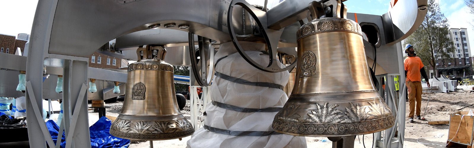 Unwrapped bells await installation into the Ars Sonora. Known as the UT bells, they feature the University of Tampa seal and UT’s motto Esse Quam Videri (To be, rather than to seem) as well as Sabal Palm fronds, Florida’s state tree.