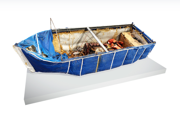 This chug boat, and hundreds like it, were built by Cubans to cross the Florida Straits after 1959. Made from spray foam, concrete, a blue tarp, and other materials, this chug boat carried 12 people from Cuba to the shore of Key West.