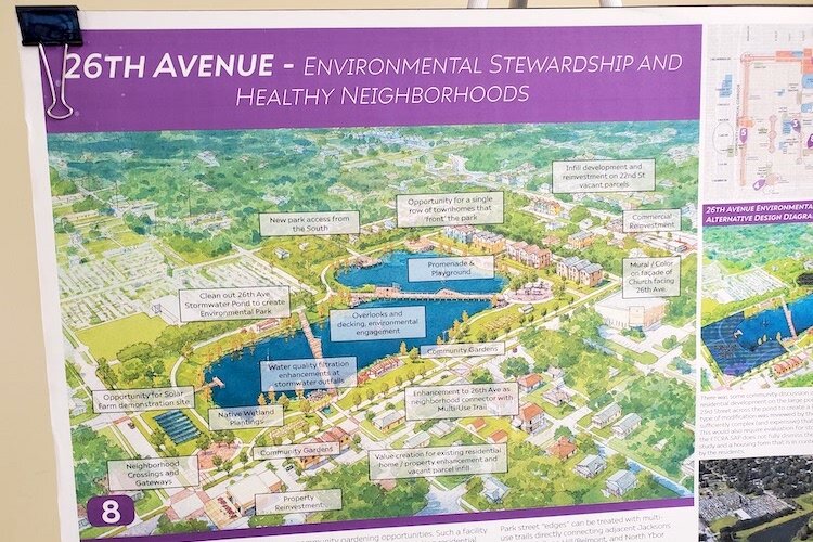 GAI Community Solutions Group created several artist renderings for neighborhoods in East Tampa. The rendering for 26th Avenue shows how a stormwater retention pond can be converted into an environmental park.