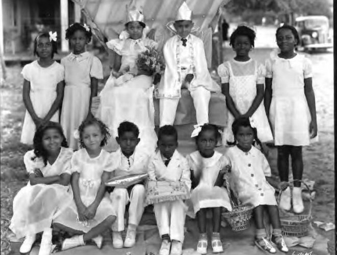 Dobyville School, 307 S. Dakota Ave., May Day King, Queen and their court. May 3, 1937.