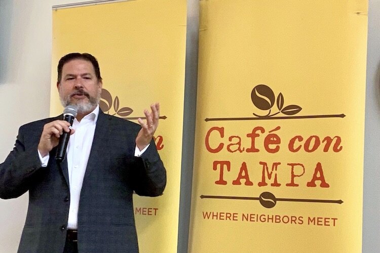 Historian, curator, and author, Rodney Kite-Powell, speaks about Dobyville's history at Cafe con Tampa.