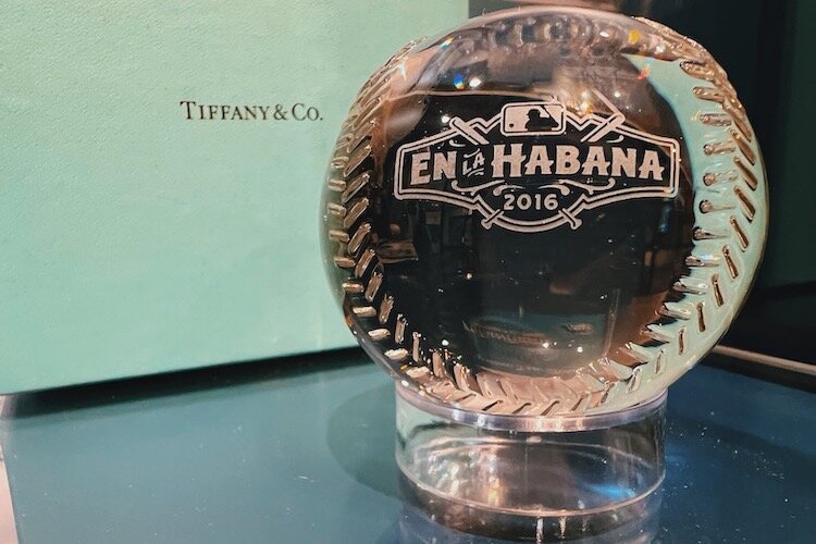 The Tampa Bay Rays Tiffany Crystal baseball on display at the Tampa Baseball Museum.