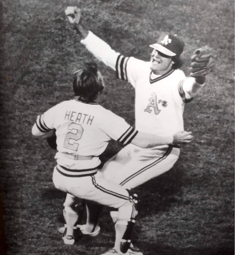 Tampa's Mike Heath celebrates a win as a member of the Oakland A's.