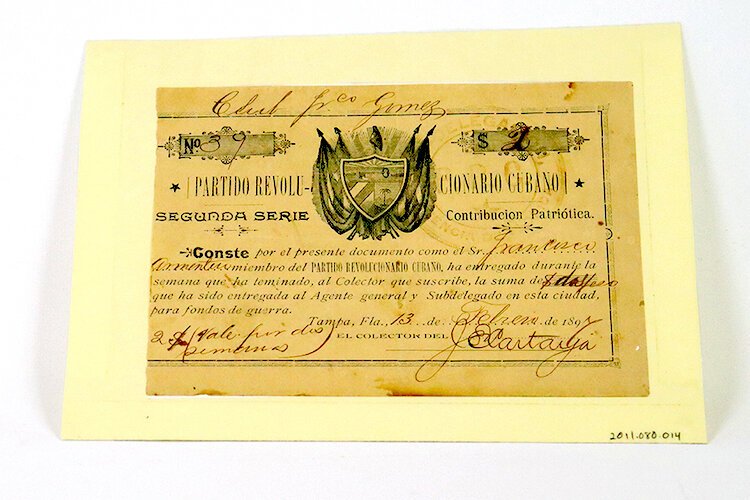 Sold to a Tampa cigar worker to help free Cuba of Spanish rule, this bond was purchased on February 13, 1897, a year before the U.S. entered the war in Cuba.