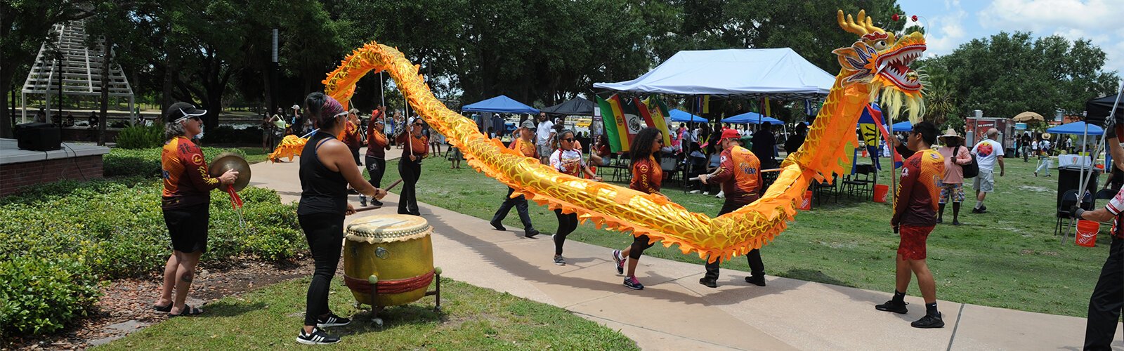 Accompanied by Taggu drumming, dragon dancers wind their way through Water Works Park in Tampa at the annual Multicultural Family Day event on Sunday.