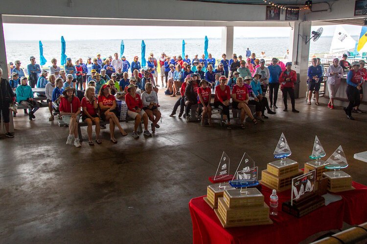 The crowd of women sailors gather for fun, friendship, and trophies at the Davis Island Yacht Club.
