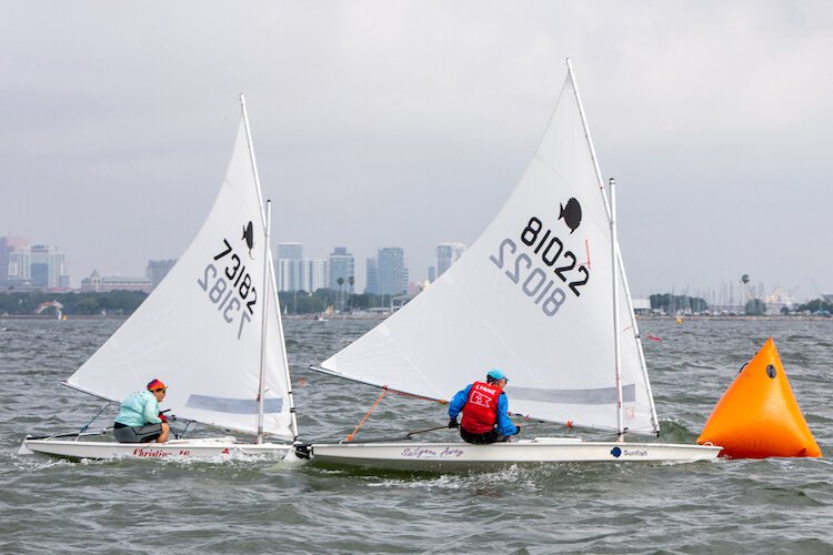 Boaters make a turn for home in an FWSA-sponsored race on Hillsborough Bay near downtown Tampa.