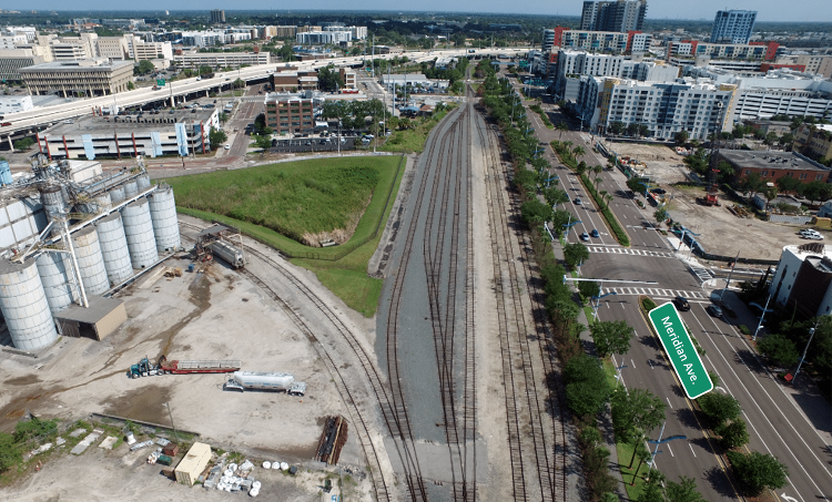 A view of the defunct railroad tracks leading to the closed Ardent Mills flour mill downtown.