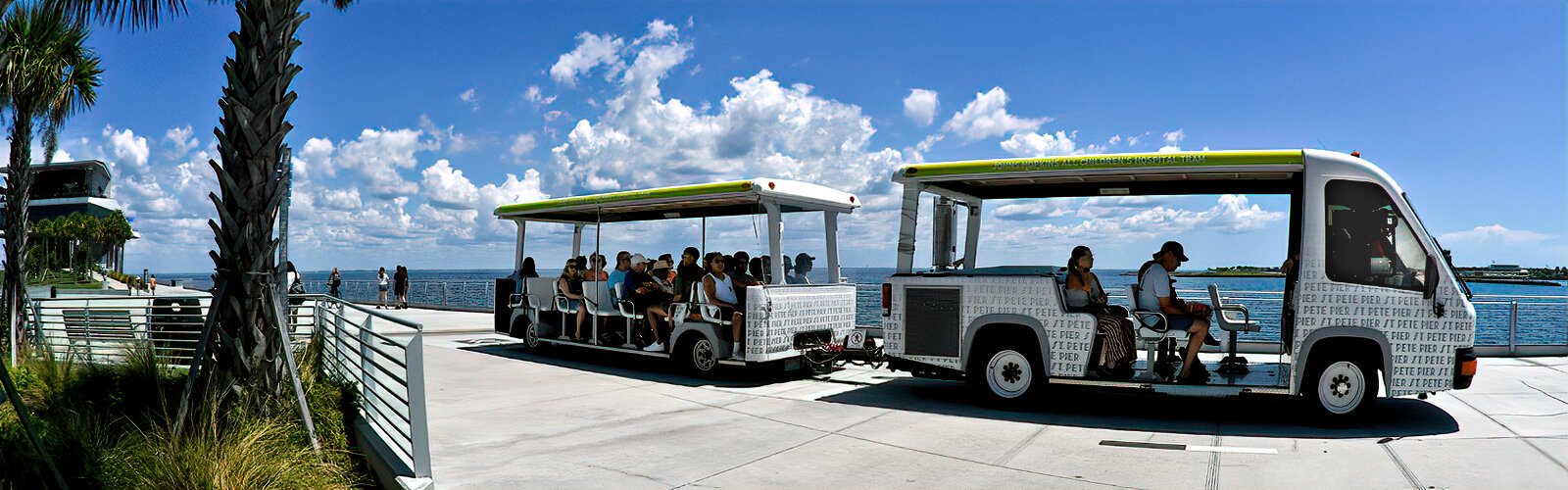 The Pier District was designed for walking but a courtesy tram can also transport  visitors from one end of the 3,000 feet-long pier to the other end, for their comfort and convenience.