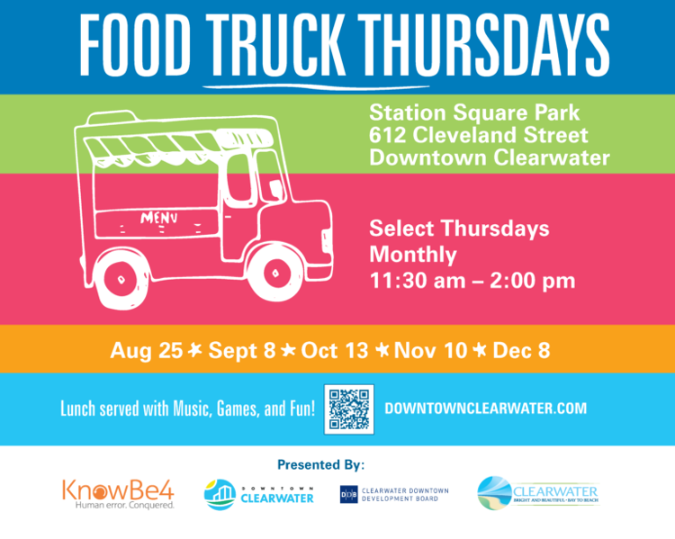 The City of Clearwater and Clearwater-based KnowBe4 launch a monthly Food Truck Thursdays event August 25th at Station Square Park to create more activities for workers downtown. 