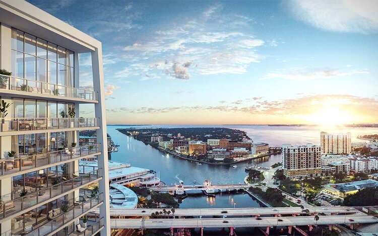 A rendering of a balcony view from one of the luxury condominiums planned at Pendry Residences Tampa.