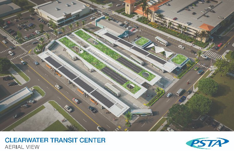 A rendering of an aerial view of the PSTA Multimodal Transit Center planned in downtown Clearwater.