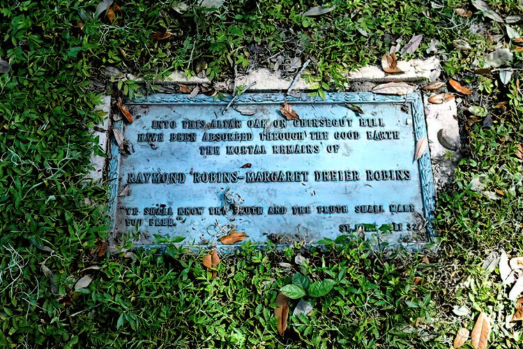 The grave marker of Raymond and Margaret Robins by the Altar Oak.