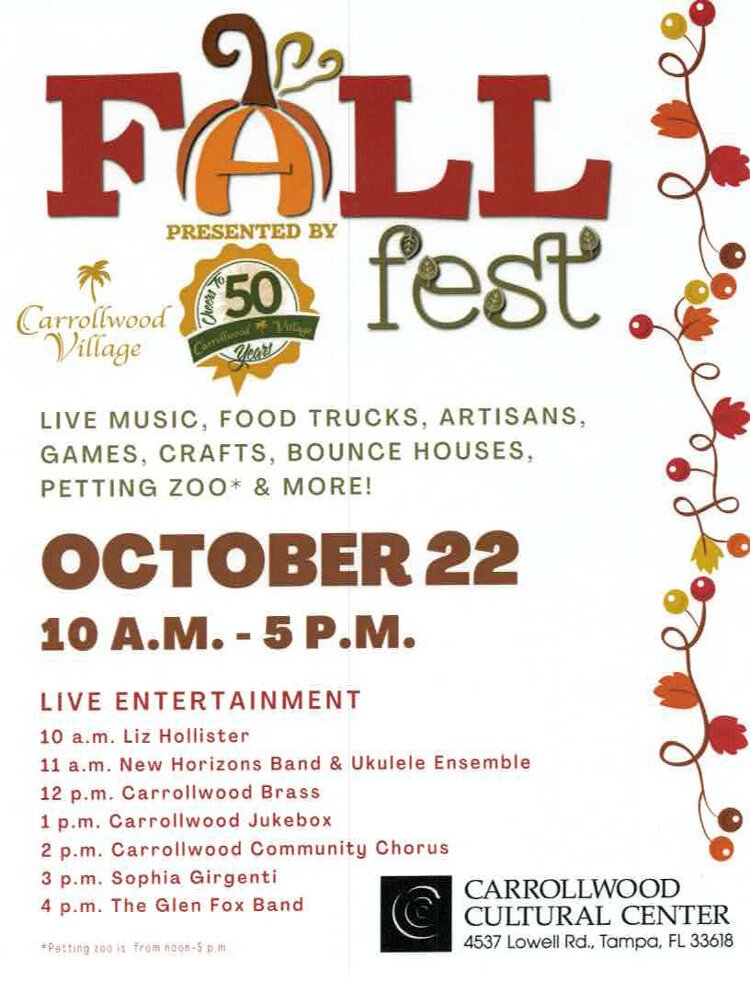 The Carrollwood Village Fall Fest celebrates the community's 50th anniversary with a full day of entertainment and activities on October 22nd.