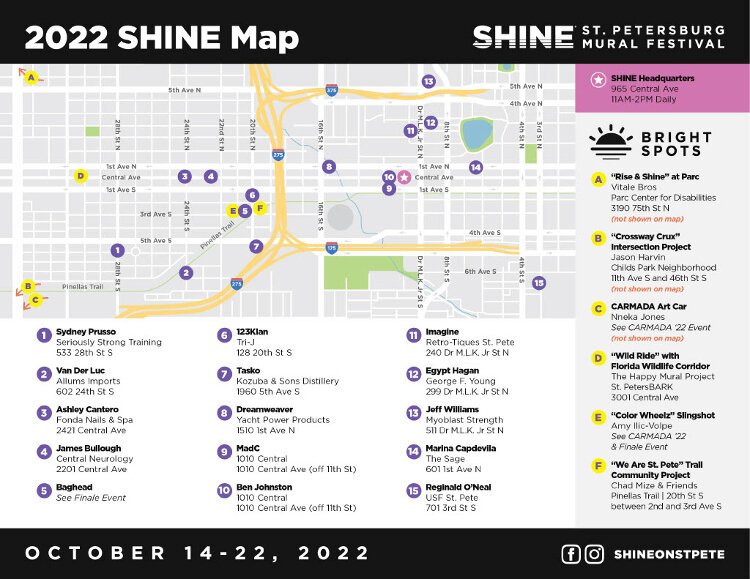 A map of the mural locations at the 2022 SHINE Mural Festival.