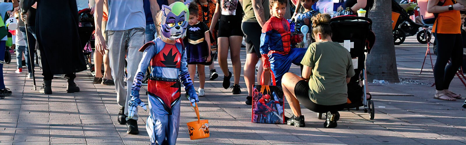 Strolling along the Riverwalk with his candy bucket, a feline catches the attention of a young Spider-Man during the Trick or Treat event.