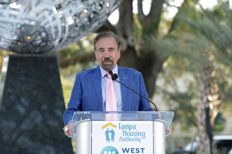 Related Group Chairman/CEO/co-founder Jorge M. Pérez speaks during a dedication ceremony for "Boulevard Flow" in Tampa's West River community.