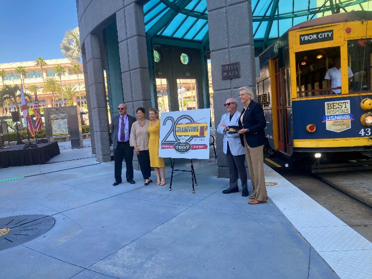 TECO Line Streetcar Manager Brian Allen, Tampa Downtown Partnership President and CEO Lynda Remund, Chair Abbey Dohring Ahern, Tampa Historic Streetcar Board President MIchael English and Tampa Mayor Jane Castor.