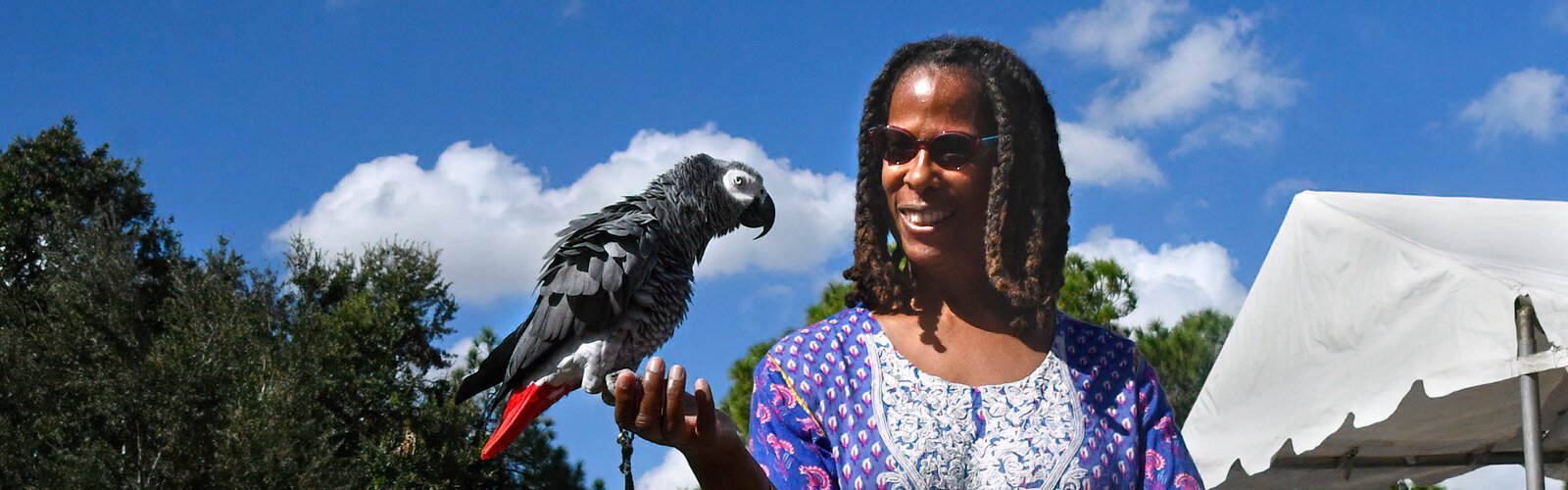 A festival goer named Cam proudly displays her 26-year-old African grey parrot named Tuskegee that she brought along to the Tampa Bay VegFest.