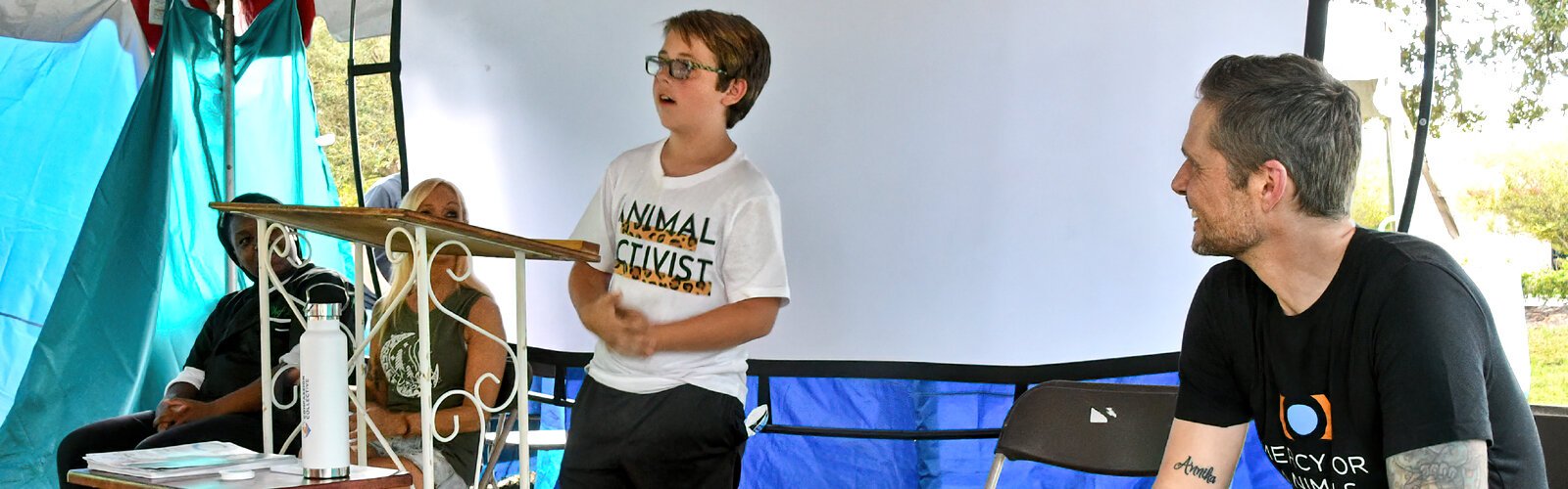 Speaking at an animal rights panel, animal activist Vegan Evan explains why he’s been vegan since age 5. Panelists included Chef Zen Paul, vegan activist Traci Lipton and Mikael Roldsgaard Nielsen of Mercy For Animals.