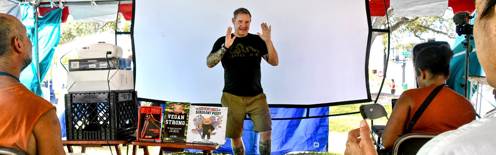 A vegan since 1992, army veteran and RN Bill Muir speaks at the 11th annual VegFest on the difficulties of following a vegan diet in the army. He’s the author of three books on veganism.