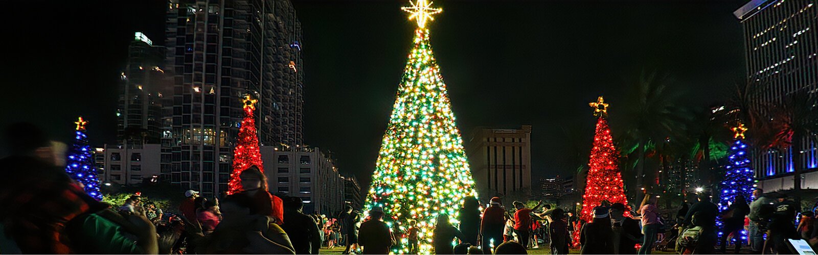 The lighting of a 35-foot-tall LED-lighted Christmas tree and six smaller trees attracts a big crowd around the Christmas display.