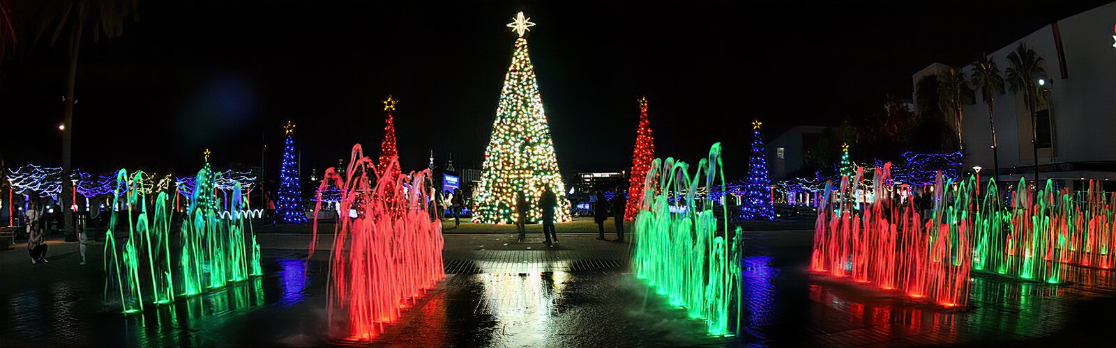 The lighted splash pad adds its Christmas colors to the lights of the Christmas trees display.