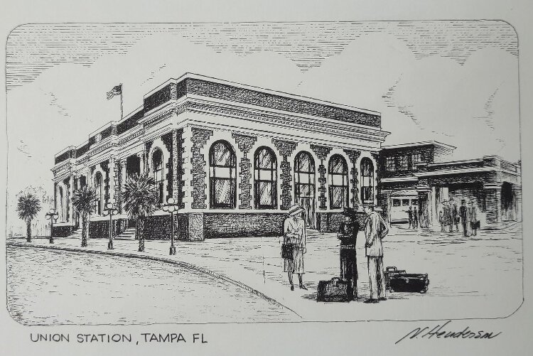 A postcard made to commemorate the 1998 renovation and reopening of Tampa Union Station features a drawing by local artist Nancy Henderson depicting a scene from the station's past.