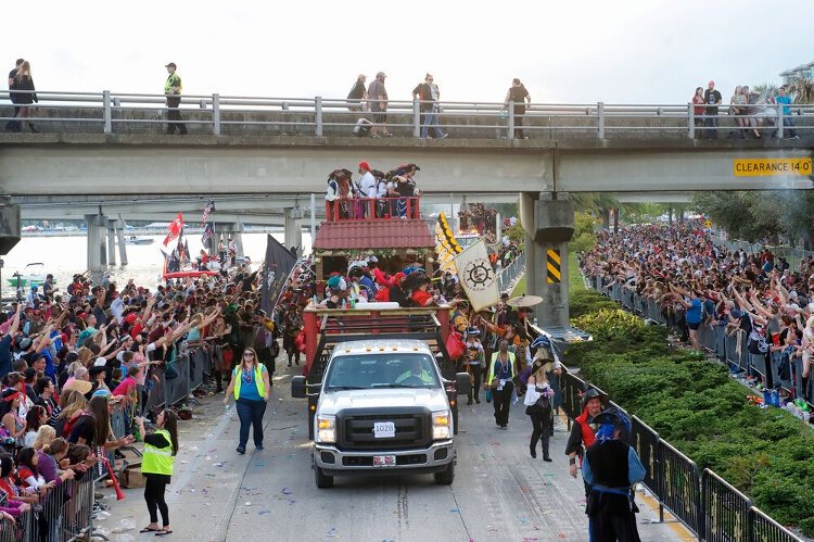 The Gasparilla Parade of Pirates draws a crowd of approximately 300,000 to the parade route along Bayshore Boulevard.