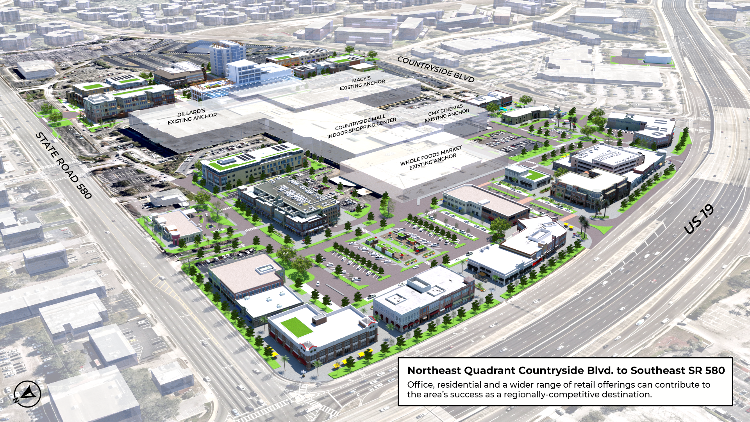 An illustration of the redevelopment possibilities  at the Countryside Mall property along US 19. 