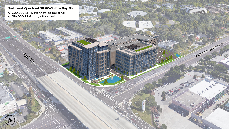 This illustration shows a hypothetical redevelopment scenario that transforms the northeast corner of Gulf to Bay Boulevard and US 19 into a regional office hub.