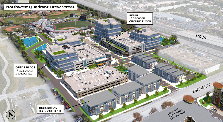 This digital illustration shows a hypothetical redevelopment scenario for the area between BayCare Ballpark and Drew Street.